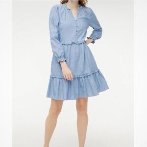 J Crew Dress Womens 8 Blue Chambray Ruffle Tiered Long Sleeve Pockets Cotton